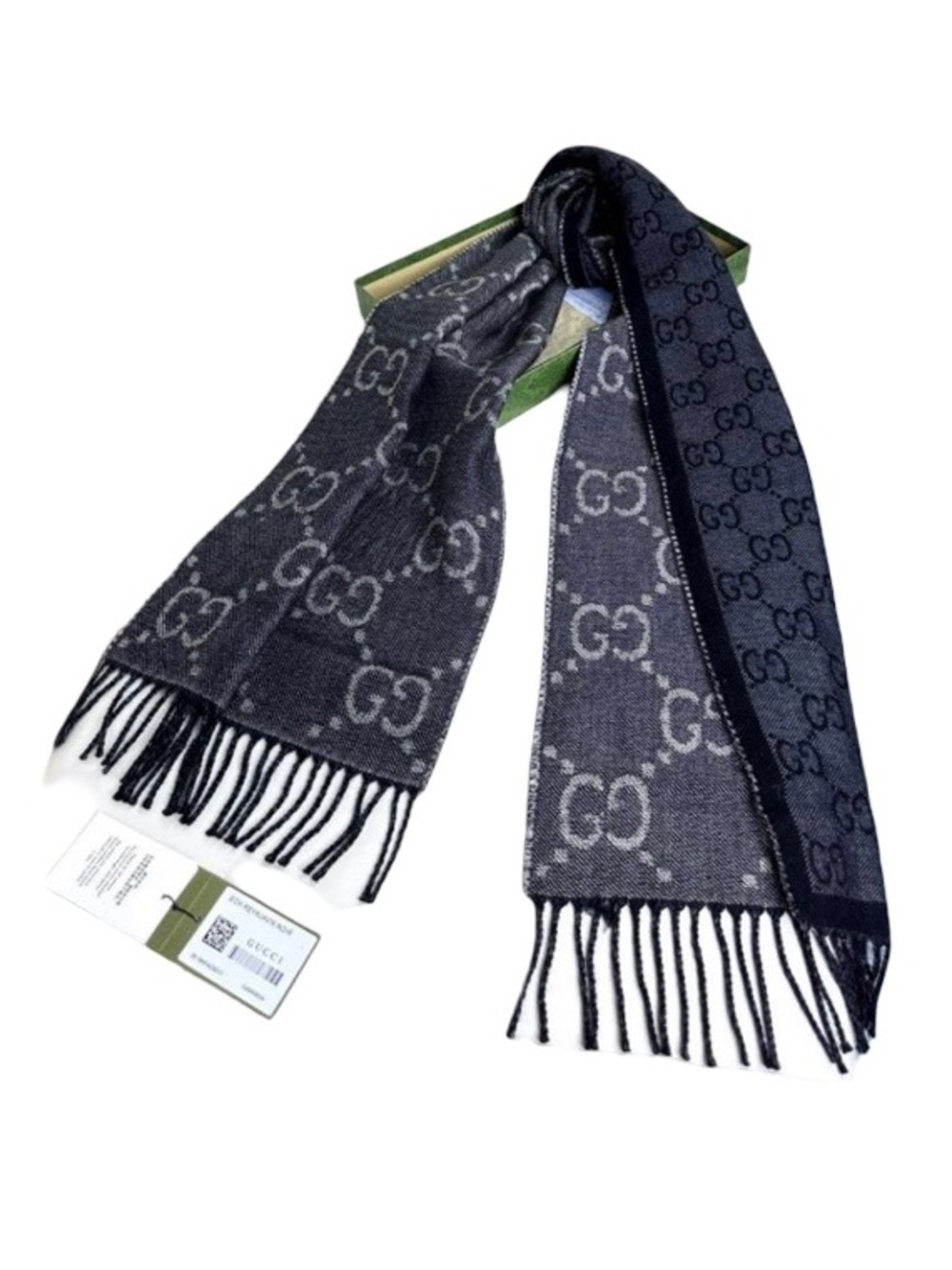Gucci Double-Sided GG Jacquard Fringed Blue & Denim Long Scarf